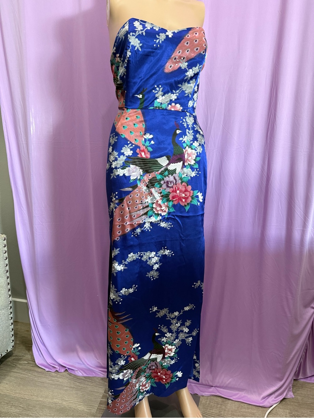 Forever 21 Strapless Peacock Print Maxi Dress in Royal Blue and Coral